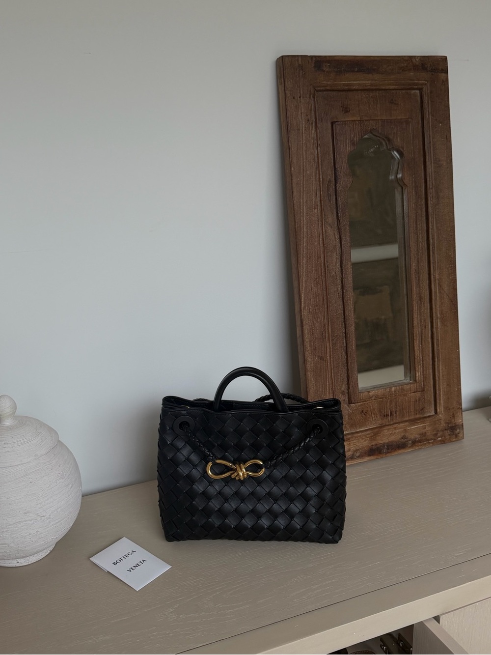 Bottega Veneta Black Woven Andiamo Top-Handle Satchel with Gold Knot
